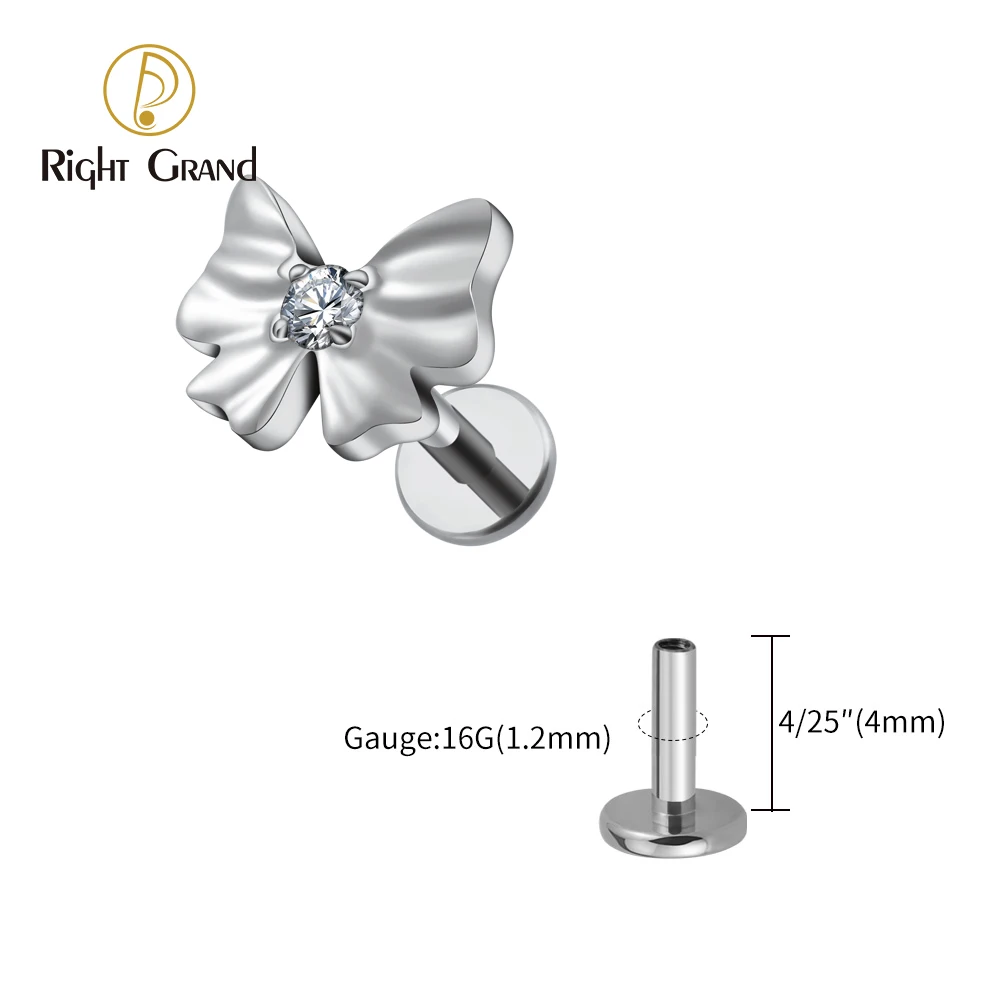Right Grand ASTM F136 Titanium 16G Bow Tie Labret Lip Stud Earring with CZ Helix Cartilage Conch Tragus Flat Back Piercing
