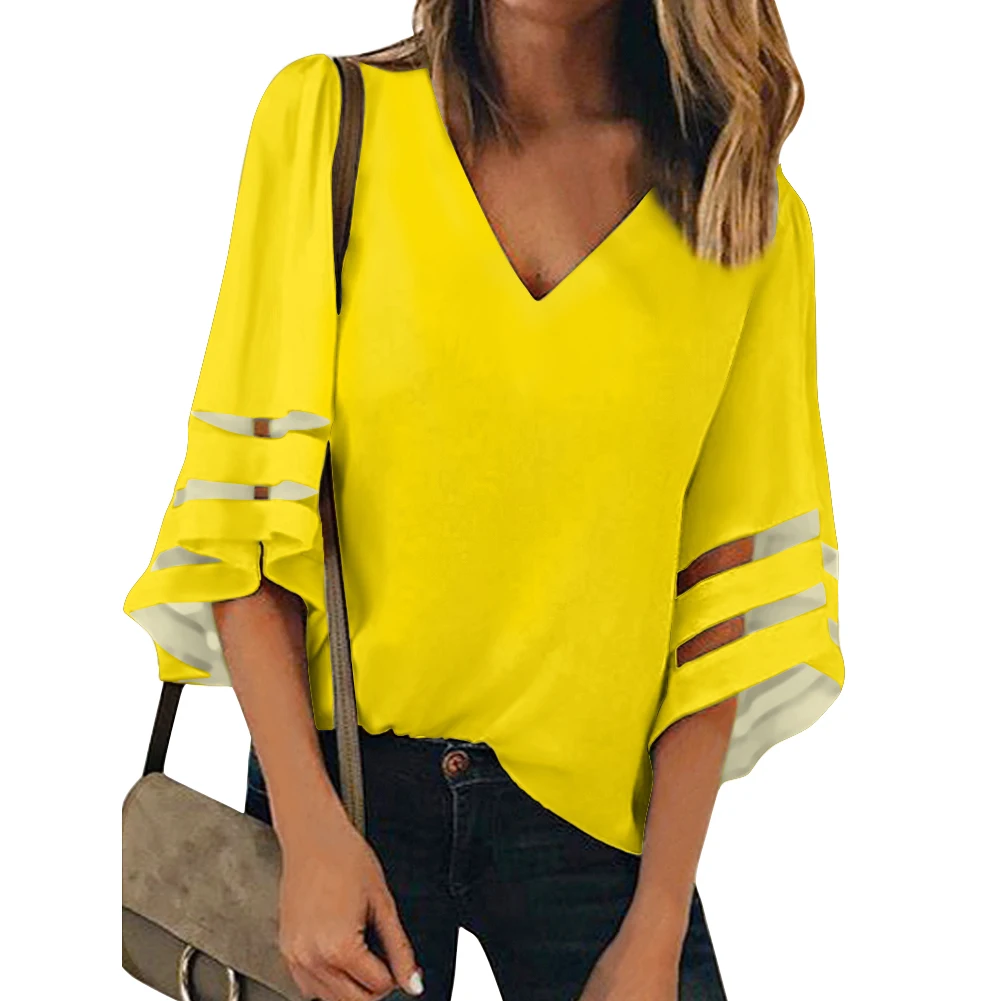 
Summer Hot Sale Clothing Fluorescent Yellow Neck Bell Sleeve Tops Loose Chiffon Blouse Shirts Brand Clothes Women Image Custom 