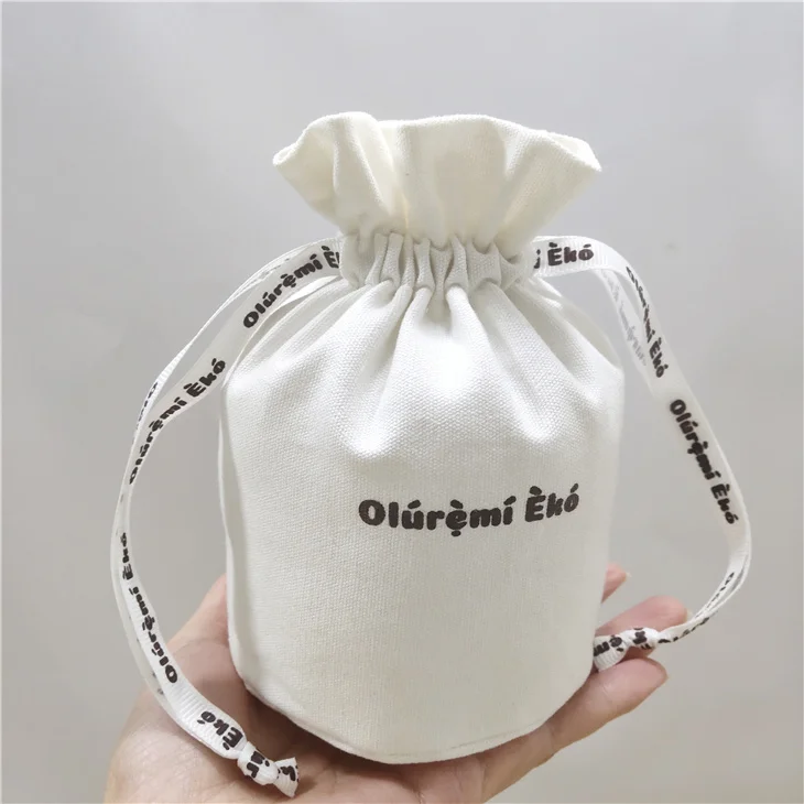 Custom Logo Print Personalized natural white canvas cotton Drawstring Bag With Double String Round Bottom