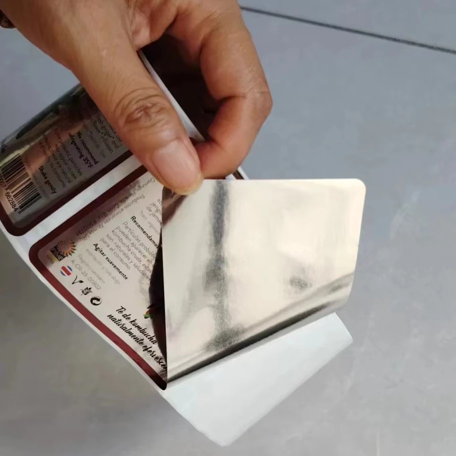 High quality customized Silver  metal BOPP adhesive  sticker water proof  label for juice , beverage bottle