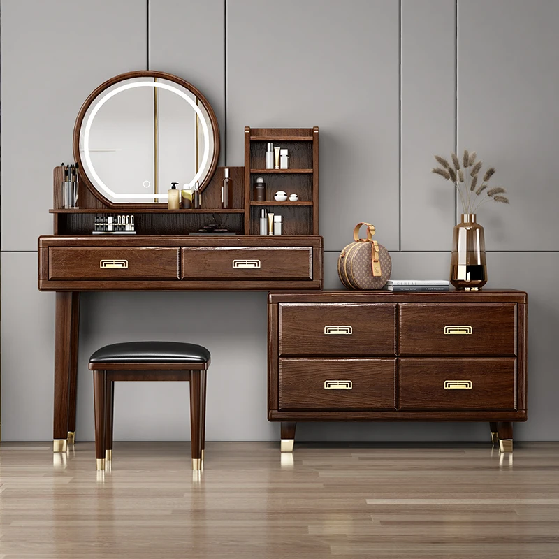 Makeup desk Modern LED Light mirror Luxury vanity Wooden Storage cabinet dressing Table Set Bedroom Furniture Dressers