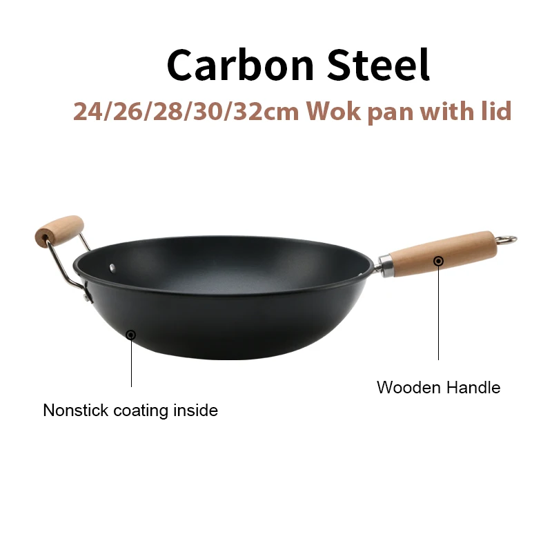 Wok Pan Carbon Steel Non Stick Wooden Handle New 30 Cm Black Carbon Steel Wok Pan