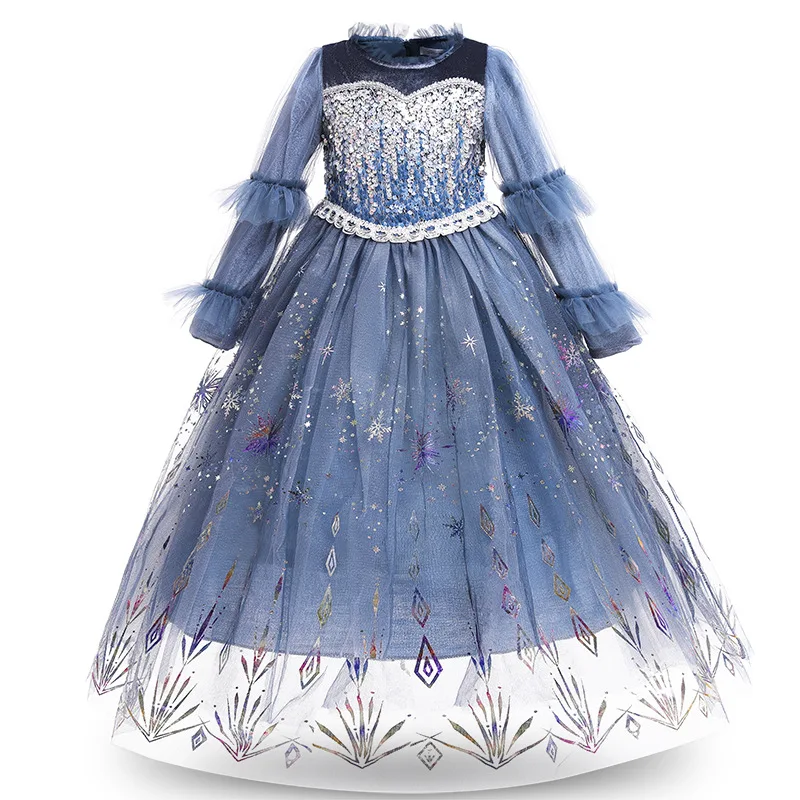 Girls Halloween Christmas Party Cosplay Fancy Long Sleeve Costumes Frock Sequined Kids Puffy Princess Elsa Dress