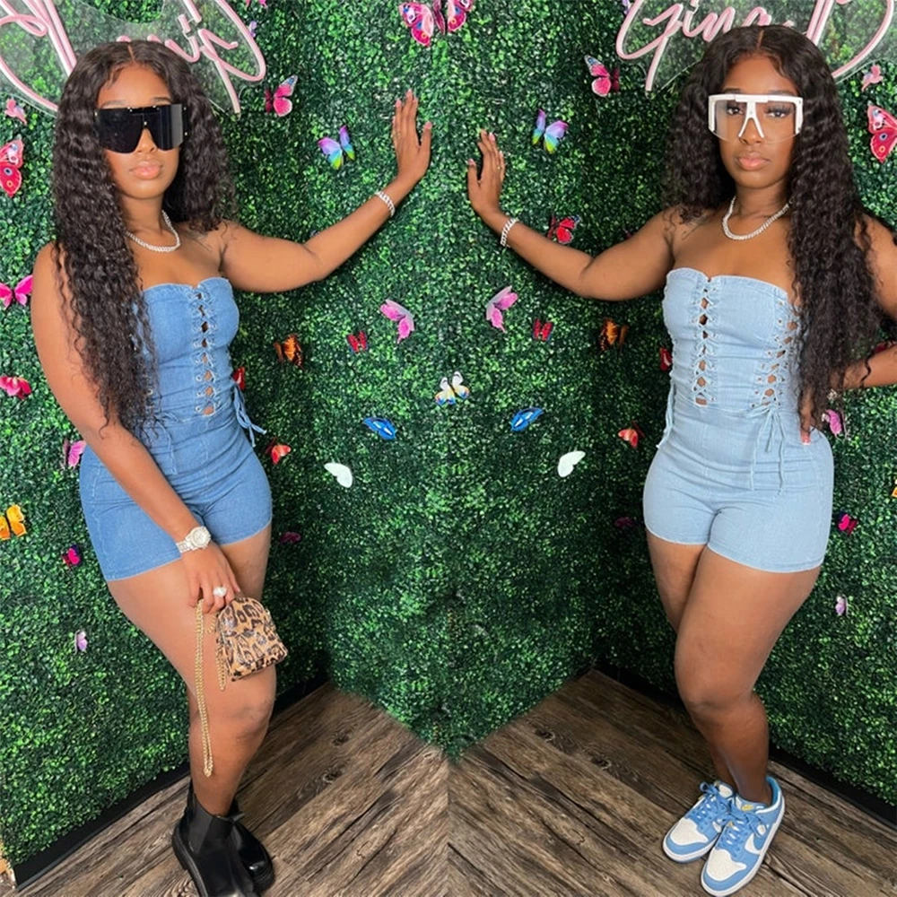 New Fashion Summer Rompers for Women One Piece Jumpsuit 2022 Short Tight Strapless Hollow Out Lace Up Denim Jean Jumpsuit