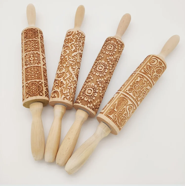 Wooden rolling pin beech laser engraving printing rolling pin embossing rolling skin Christmas fondant cookie pressing stick