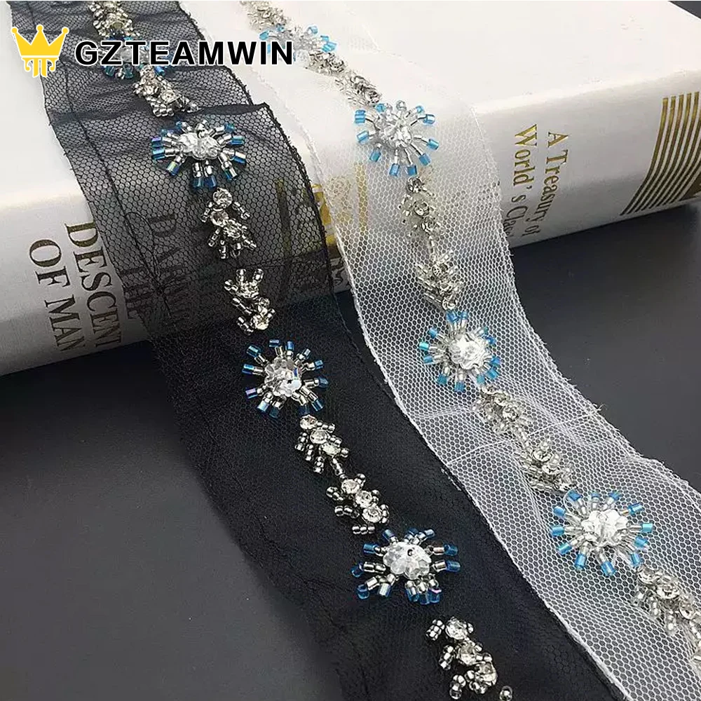 Hot Sale Rhinestone Pearl Sewing Bead Lace White Black Mesh Beaded Lace Fabric Trim Ribbon