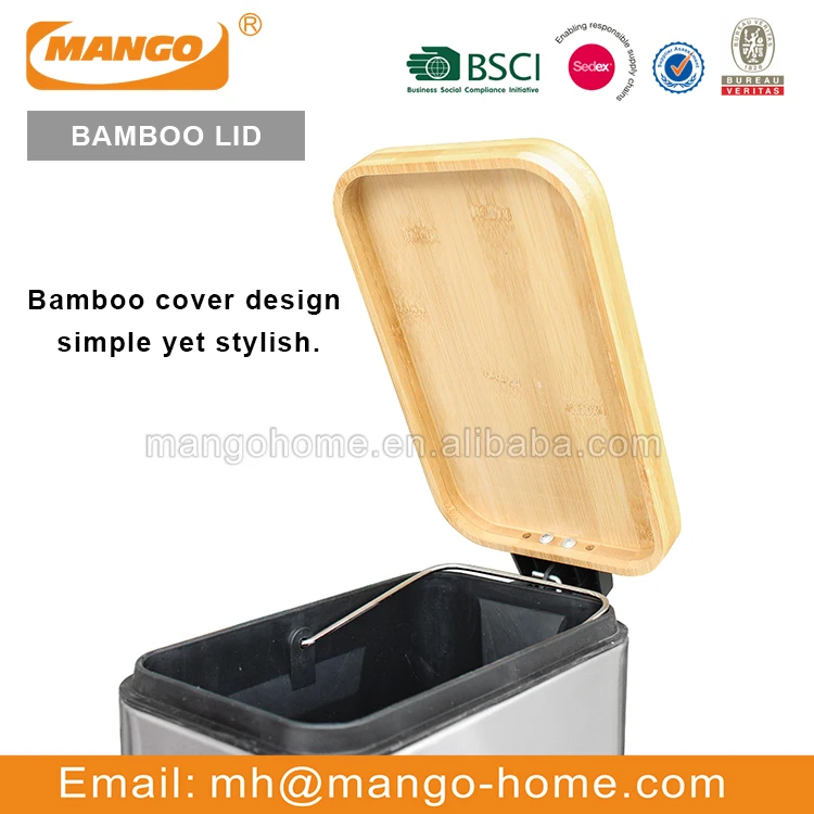 New Eco-friendly Bamboo Lid Stainless Steel Foot Pedal 3L 5L Waste Bin Metal Garbage Bin Dust Bin  For Kitchen Bathroom Office