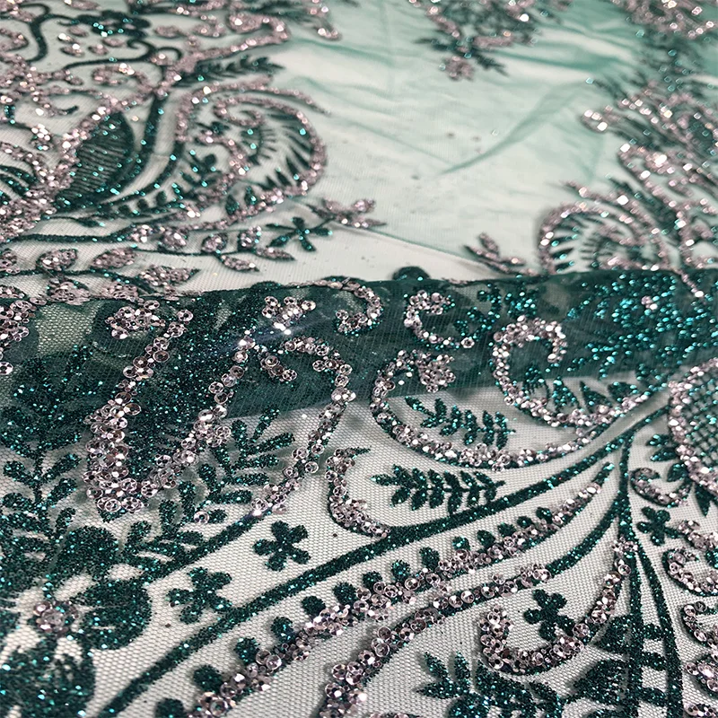 Beautiful colorful glitter crystal sequins wedding dress mesh lace embroidered tulle performance dress fabric