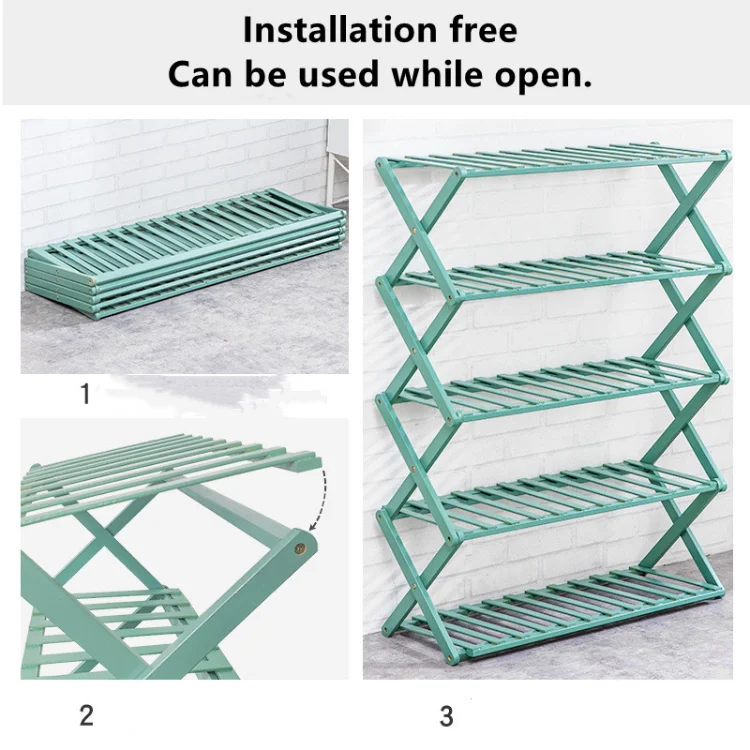 Bamboo Folding Multi Functional Household 4 Layer 2 Tier Simple Cabinet Door Economical Foldable Wooden Shoe Rack
