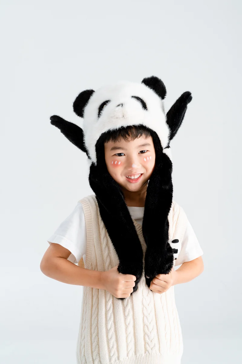 Wholesale cute stuffed animal head hats stuffed animal panda plush hats kids winter