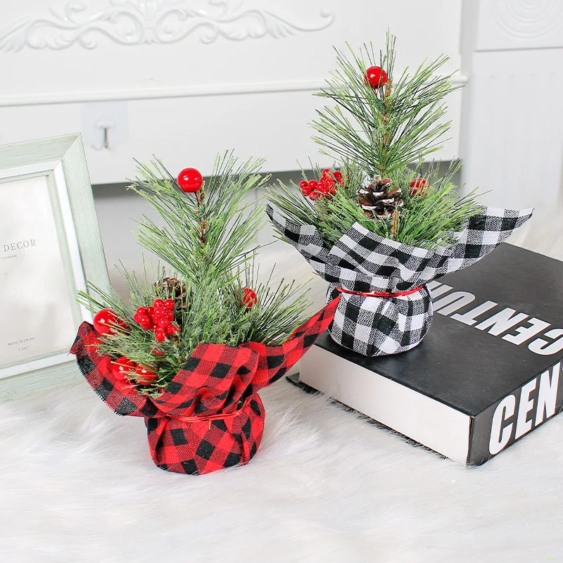 Mini Plaid Christmas Tree Decorations Christmas Simulation Red Fruit Tree Tabletop Decoration Photo Props