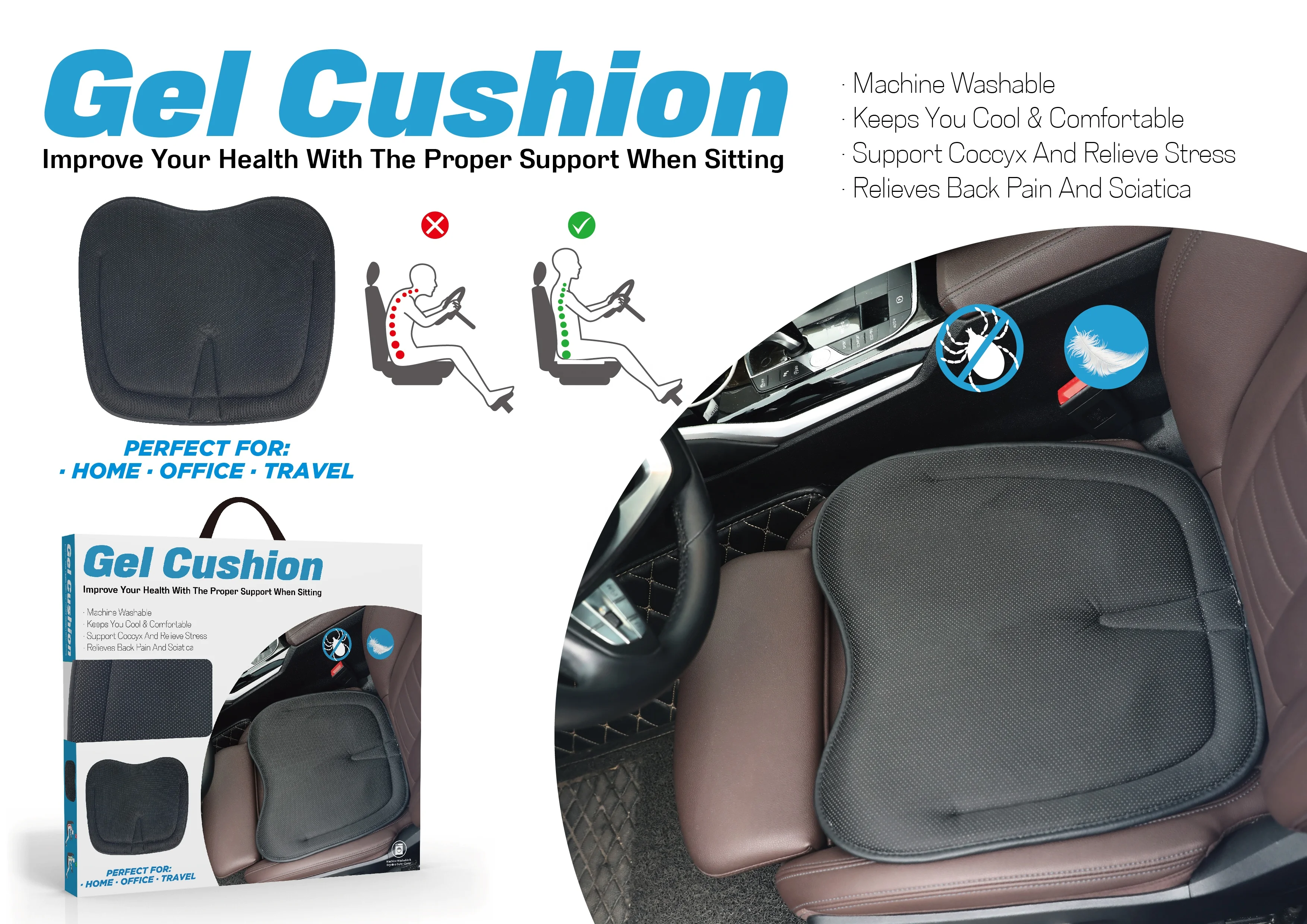 Customized Black Ergonomic Orthopedic Gel Comfort Therapeutic Memory Foam Car Seat Support Cushion