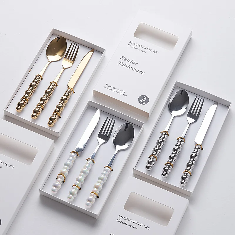 High Quality Pearl Ceramic Handle Stainless Steel Spoon Fork Knife with Gift Box stainless steel cutlery set