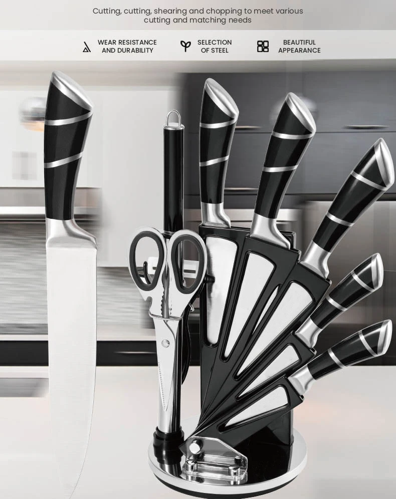 Kitchen Accessories 8 Piece Set 3CR13 Stainless Steel Chef Knife Rotatable Knife Holder Multipurpose Bread Slicing Knife