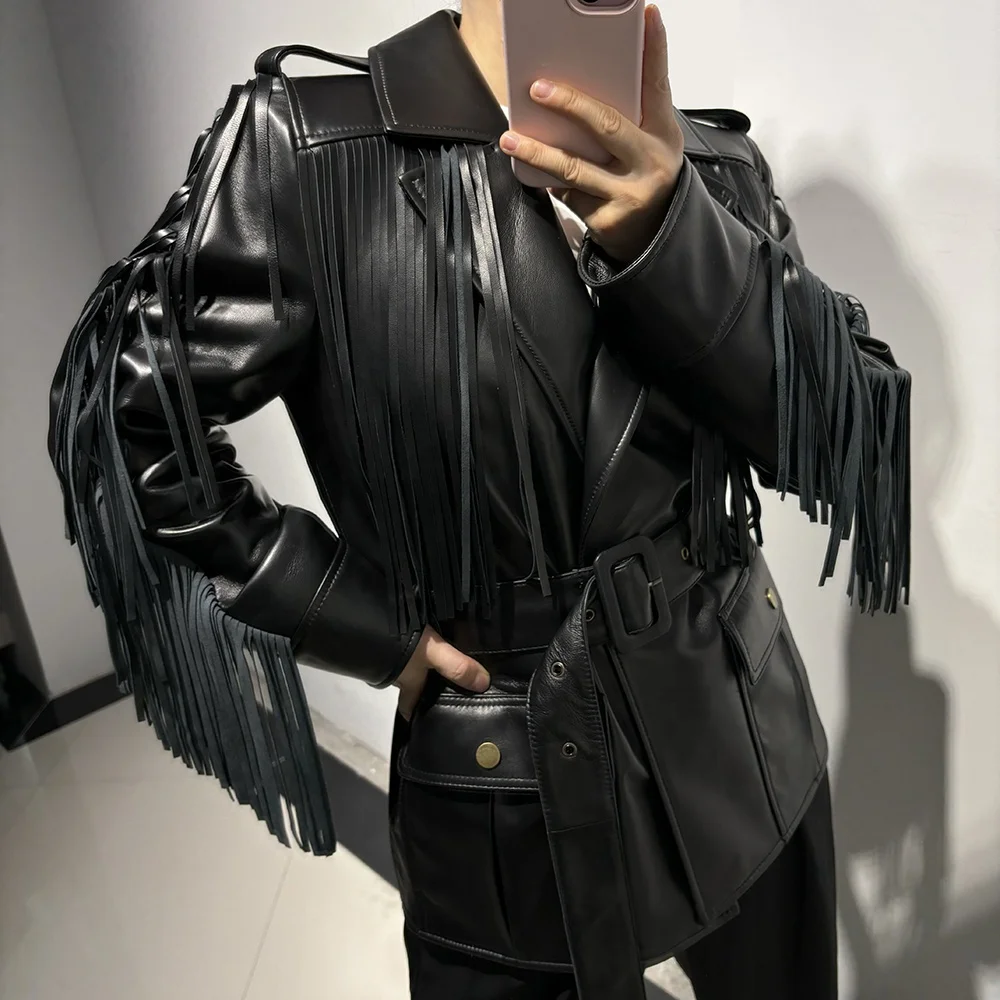 2024 Autumn Fashion streetwear tassel leather jackets genuine sheepskin leather blazer jacket woman leather jacket with fringes
