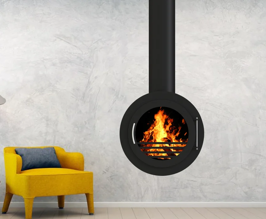 ceiling mounted stove indoor hotel heating wall mounted wood burning suspended fireplace with glass door