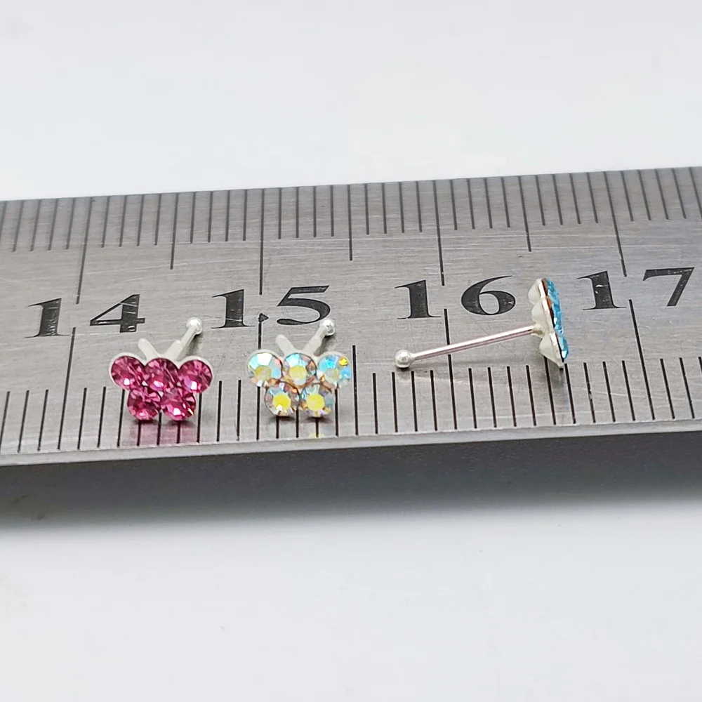 Wholesale 925 Sterling Silver Needle Nose Rings Stud Earrings CZ Butterfly I Shape Nose Studs Body Piercing Jewelry