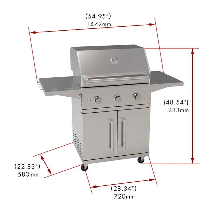Barbecue Gas Grill High End Stainless Steel 3 Main Burners Stainless Steel Barbecue Grill Outdoor Trolley