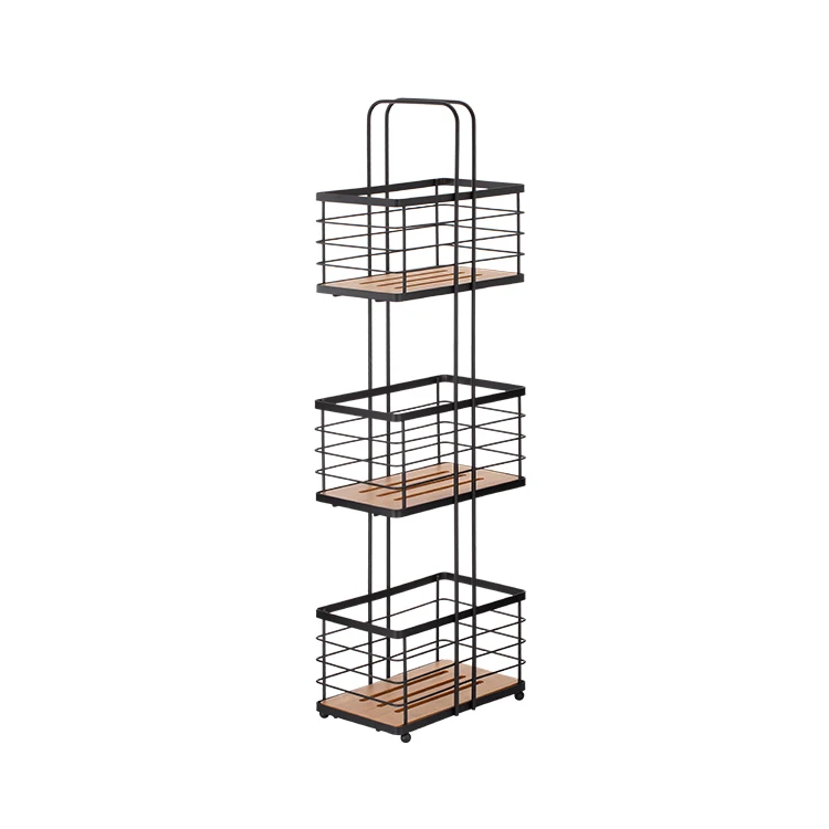 3-tier rectangle Bamboo Freestanding Storage Organizer Shelf Black Wire Bathroom Storage Baskets