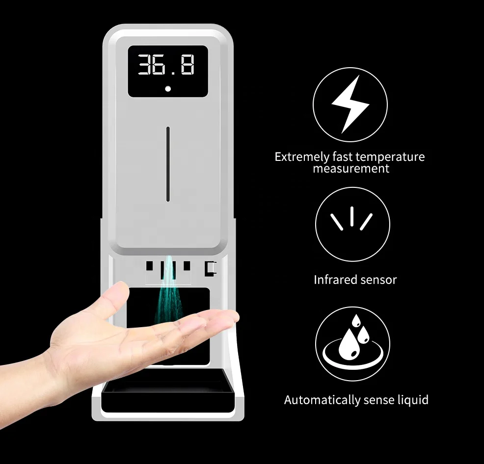 
2021 Professional automatic hand sanitizer and thermometer boby temperature measuring scanner soap alcohol auto dispenser 