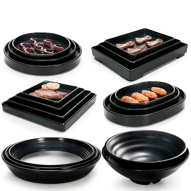 Wholesale Bulk Japan Black Round Rectangular Square Melamine BBQ Serving Plates For Restaurant