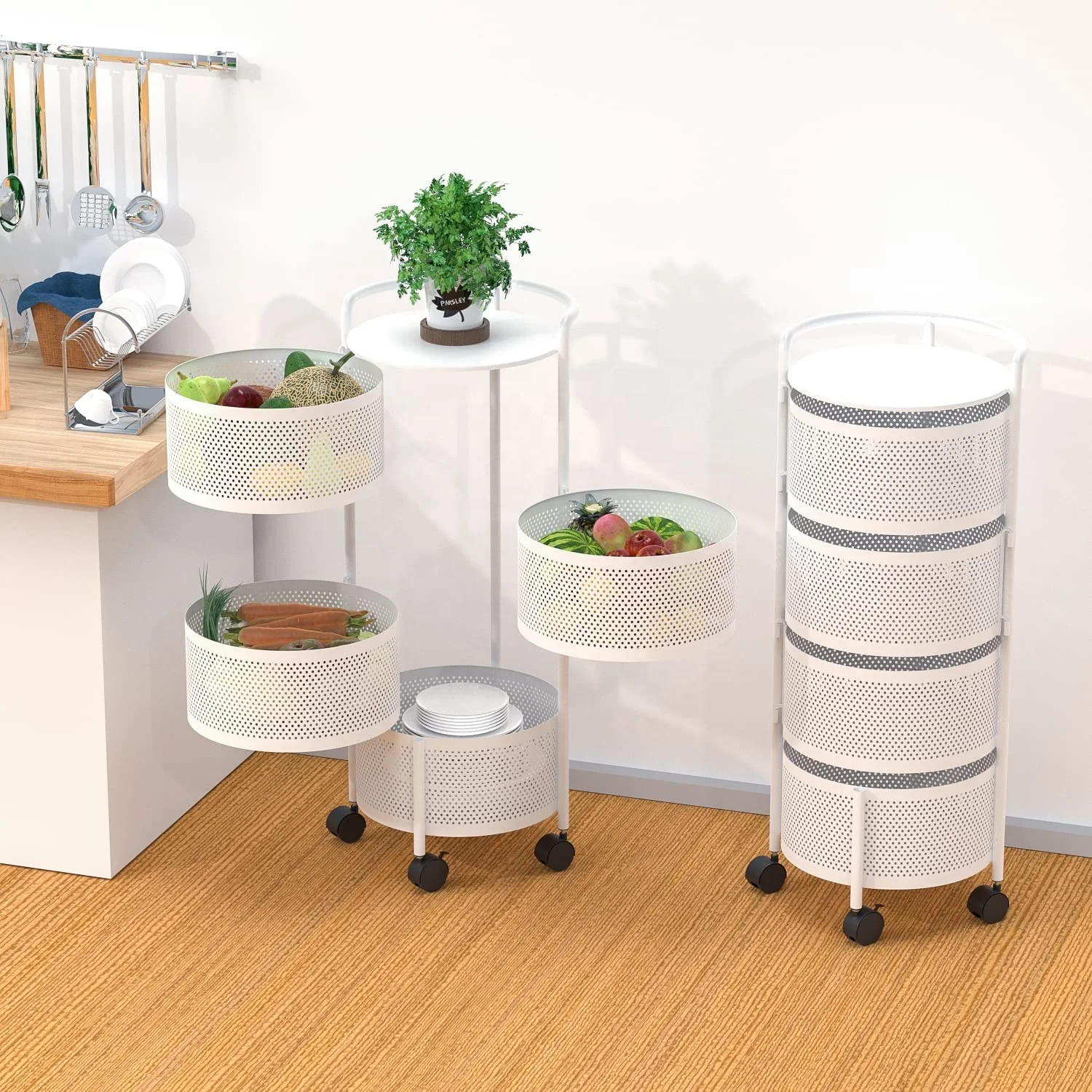 Rotating Storage Shelf Round Baskets Rack 5 Tier Kitchen Vegetable Fruit Storage Baskets And Racks Storage Rolling Trolley Cart