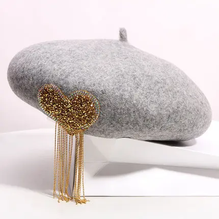 Custom Classy Rhinestone Bling Hat Women Love Pattern Diamond Tassel Wool Berets