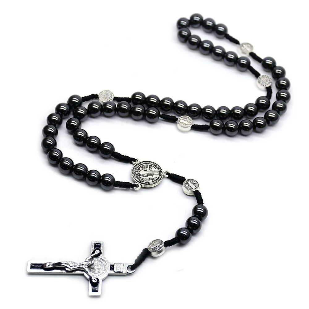 Wholesale Rosary Rope Knotted 8mm beads Catholic Necklace Hematite Beaded Necklace Rosaries for Blessing Church Items