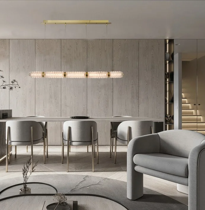 2023 New Modern golden crystal glass Cylindrical strip type LED villa pendant lamp dining table glass chandelier