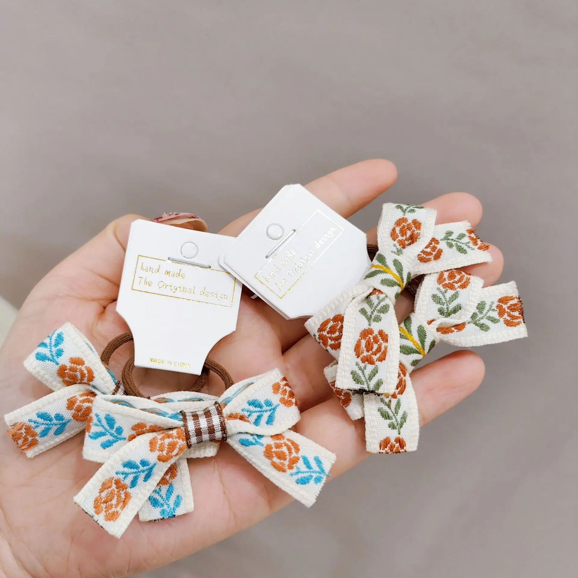 Ethnic Style Baby Accessories Embroidered Bow Hair Ties Fashion Bowknot Hair Ropes for Girls Wholesale Elastic Hair Band