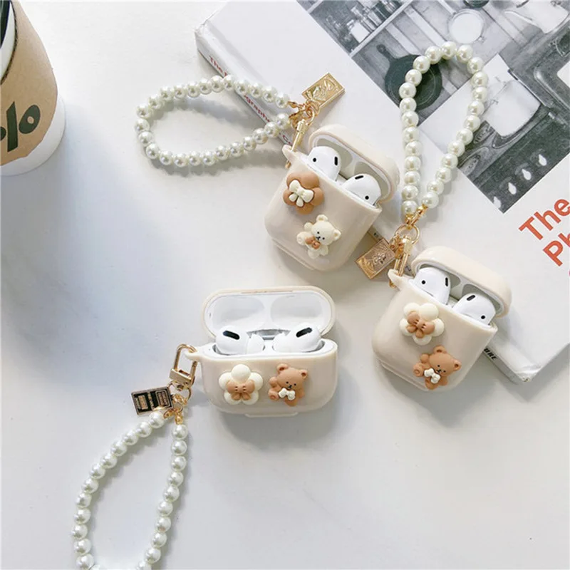 High Quality Cute 3D Bear Earphone Cases Pearl Bracket Keychain For AirPods Pro 3 2 1 Soft TPU Headset Cover For Apple