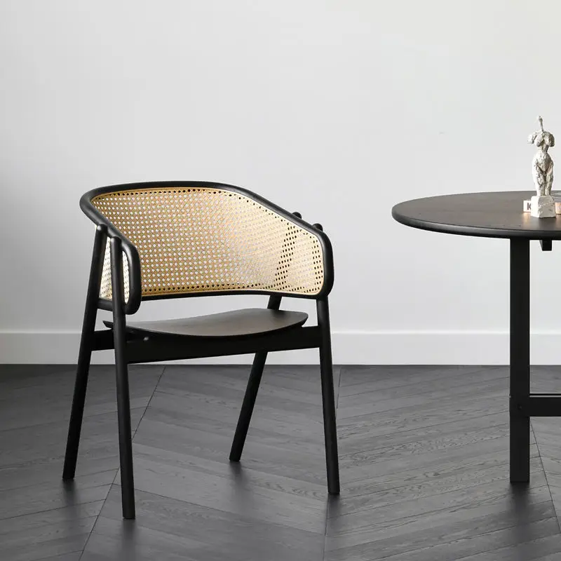 HANYEE Modern Elegant Luxury Antique Design Vintage Hotel Ash Solid Wooden Rattan Arm Wood Dining Chair