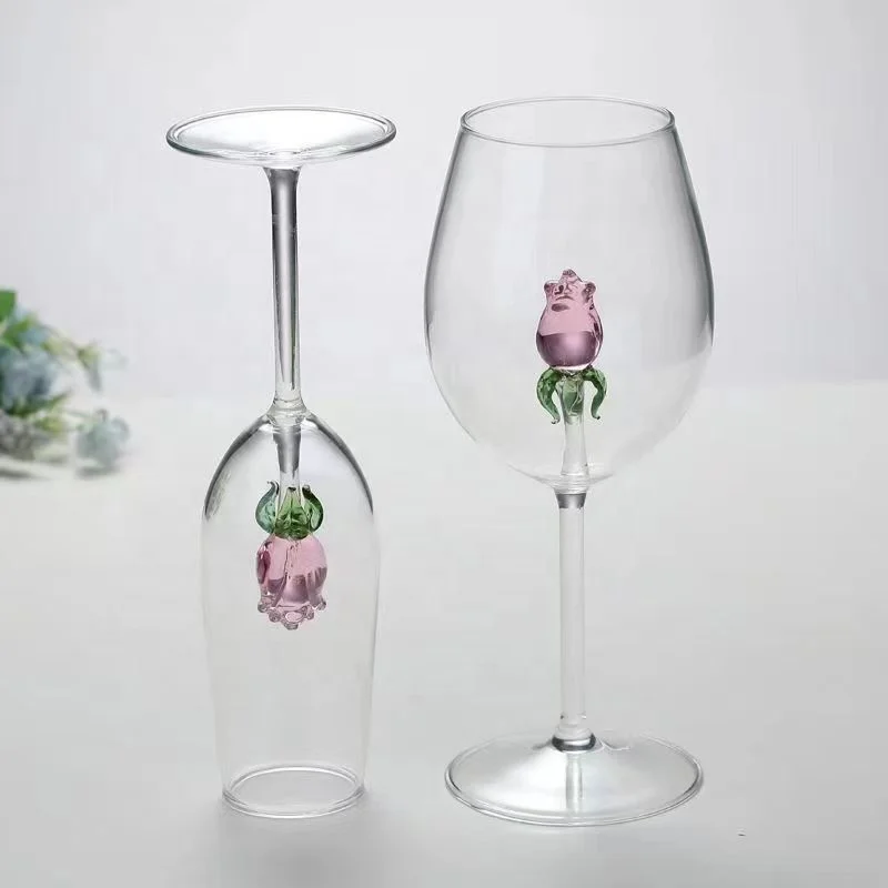 New Design Inserted Long Stem Wine Crystal Glass Goblet With Pink Rose Flower Glass Inside