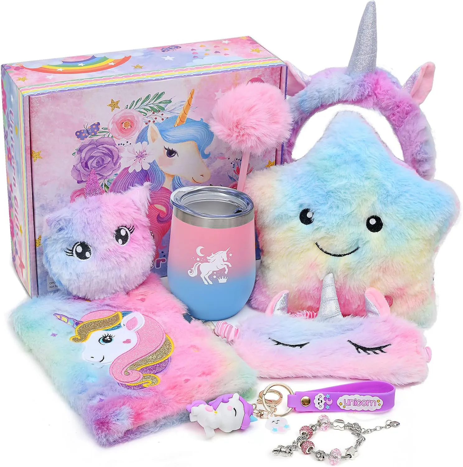 Unicorns Gifts for Girls Kids Toys  with Star Light Up Stuffed Animal Diary with Lock Headband  unicorn Eye Mask Water Bottle  U