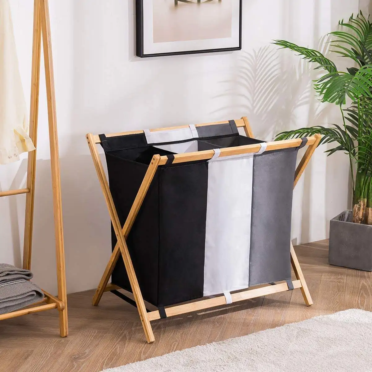laundry organization and storage Foldable Bamboo 3 section laundry basket 3 compartments Hamper For Dirty Clothes Fabric Bags