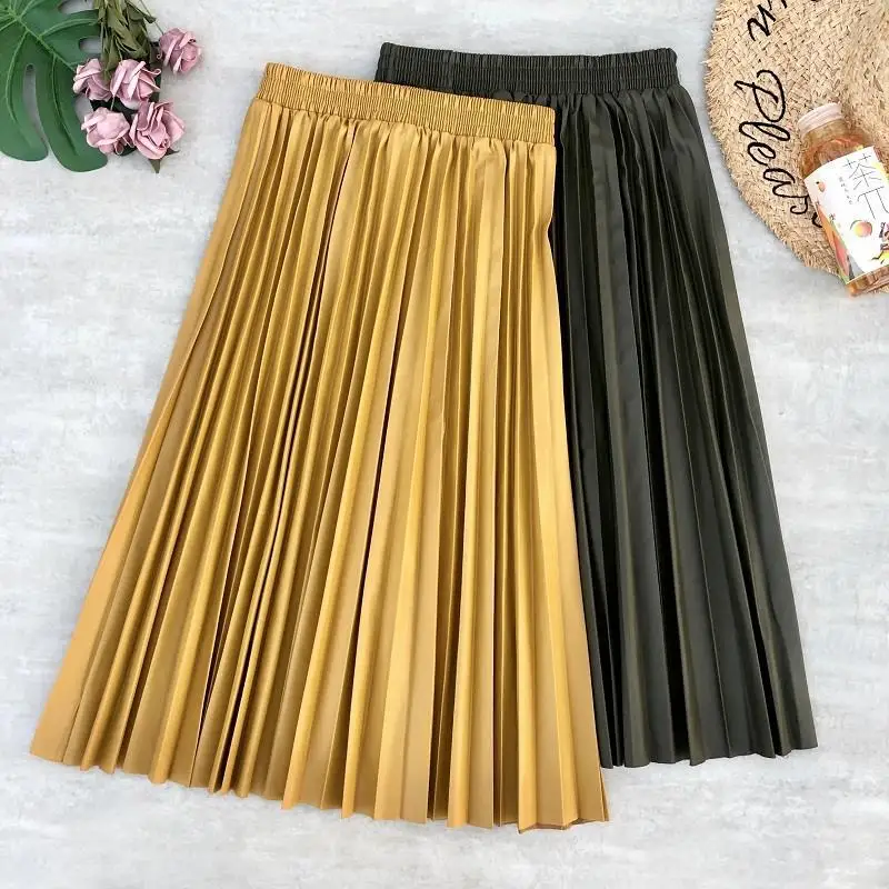New Autumn Winter PU Leather Pleated Skirts Elastic High Waist Multi Colors Fashionable All-match Midi Skirt Female One Size