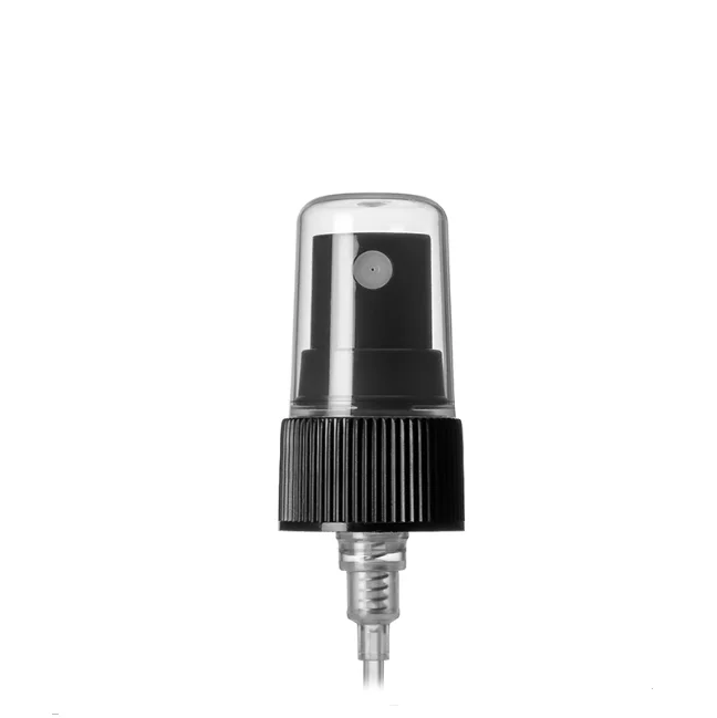 Black PP 20-400 ribbed skirt fine mist fingertip sprayer with clear over cap