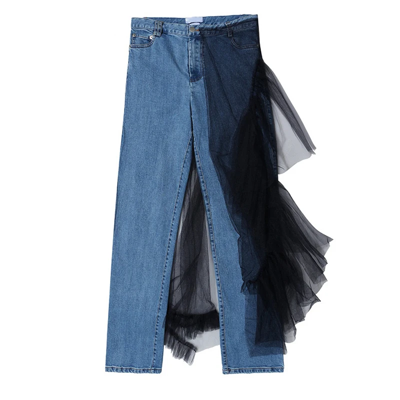 
Wholesale washed denim and black mesh ladies jeans street style girls blue jeans suitable for young girls young women 
