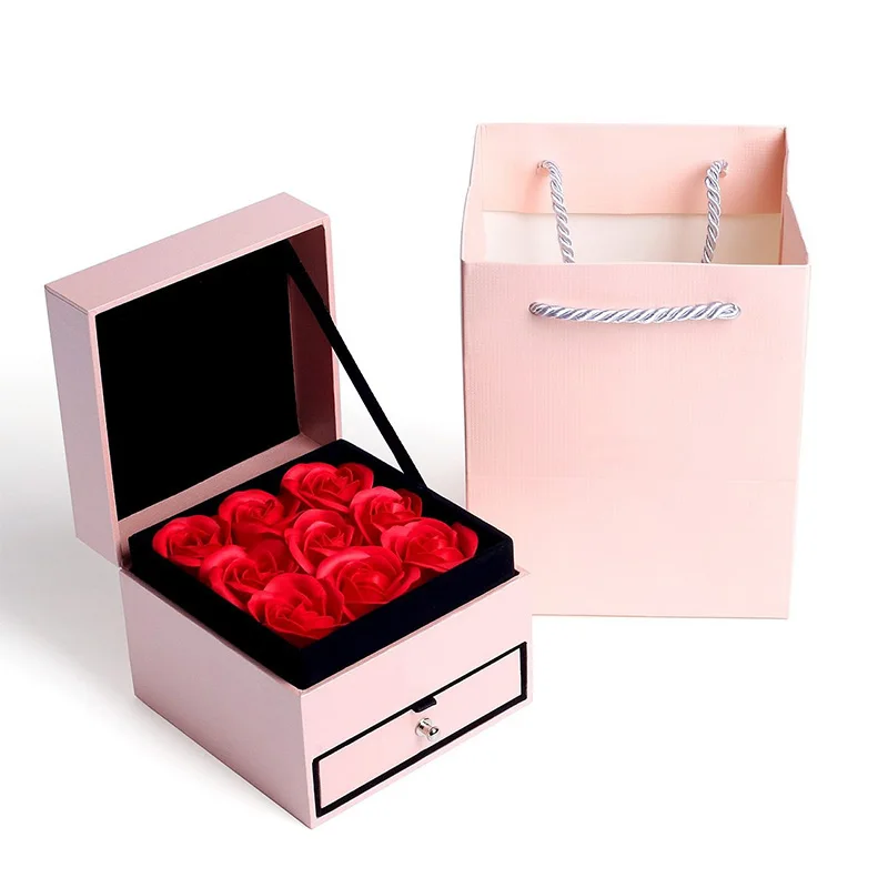 Custom two levels rose double door jewelry box for valentines set green i love you flower luxury gift box
