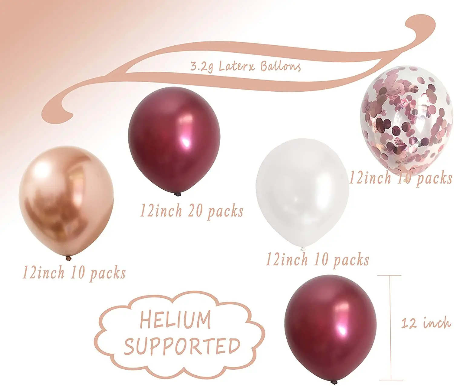 Rose Gold Burgundy Confetti Balloons Kit - 12 Inches star