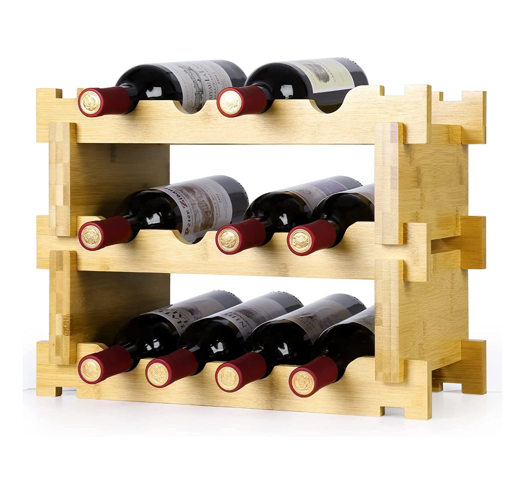 Natural Bamboo 3-Tier Wine Rack Tabletop 12-Bottles Display Wine Storage Shelves Wine Bottle Holder