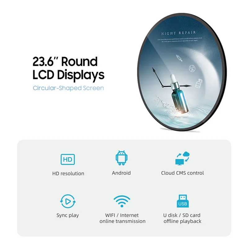 23.6 Inch Round Lcd Digital Signage Display 1500 Nits Circular Screen Ultra High Brightness