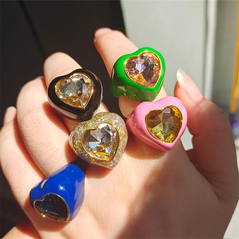 New Zircon Drip Enamel Heart Love Gemstone Rings Sparkling Crystal Opening Ring Earring Sets for Women Girls Party Jewelry 2022