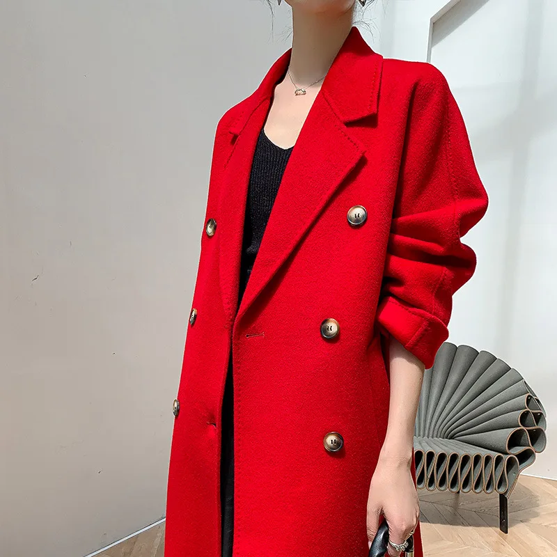 New double-sided woolen coat for women in winter 2025, high-end double breasted slimming woolen coat