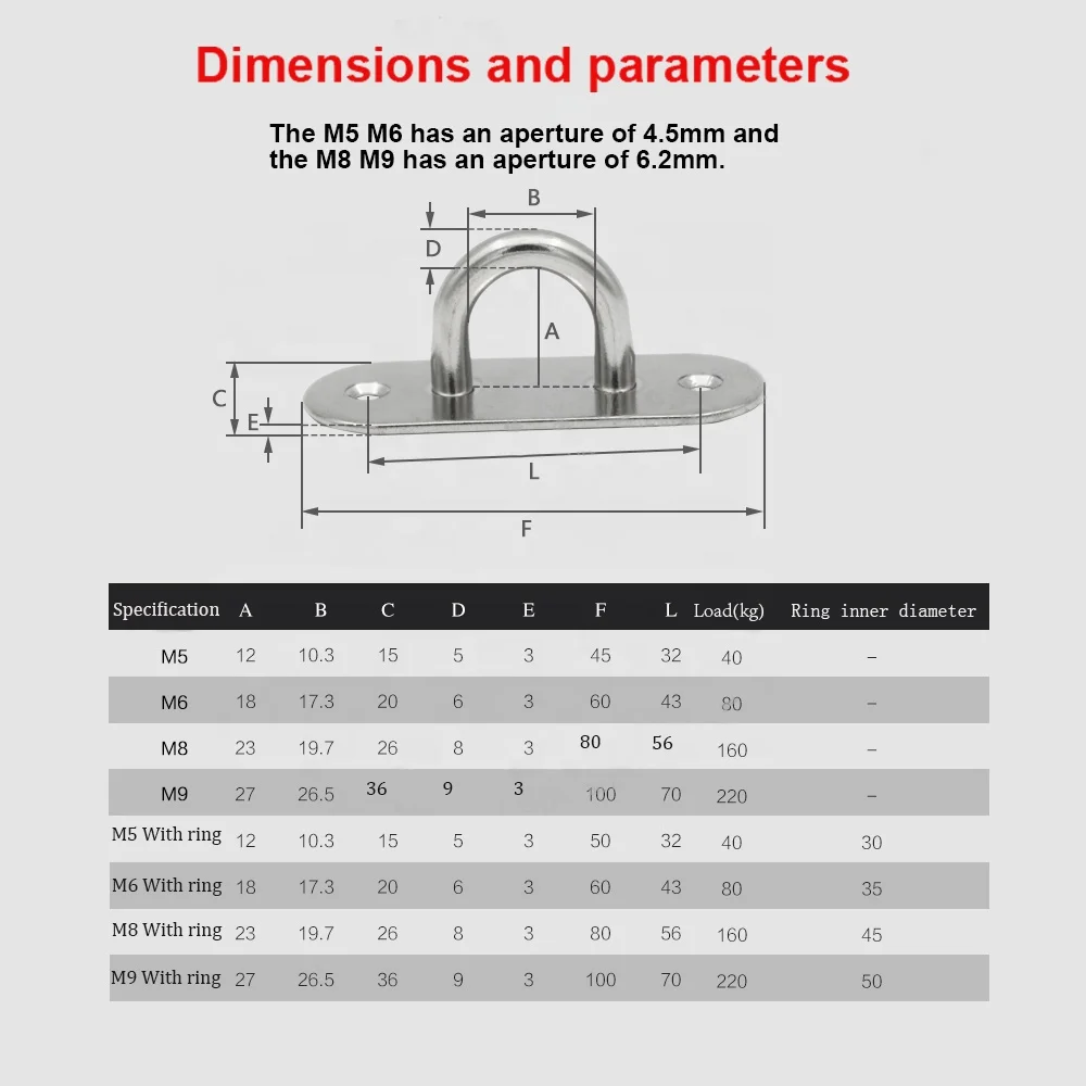 304 Stainless Steel M6 Ceiling Wall Mount U Hook Anchor Hanger with Self-tapping Screws For Yoga Swing Suspension Strap