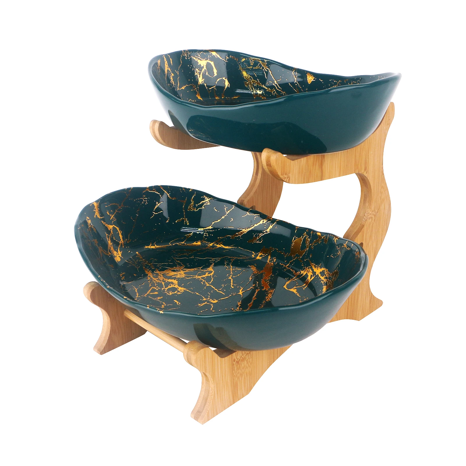 Creative Black and Dark Green With Gold Marble Ceramic Plates Serving Dishes Bamboo Rack for Ethiopian