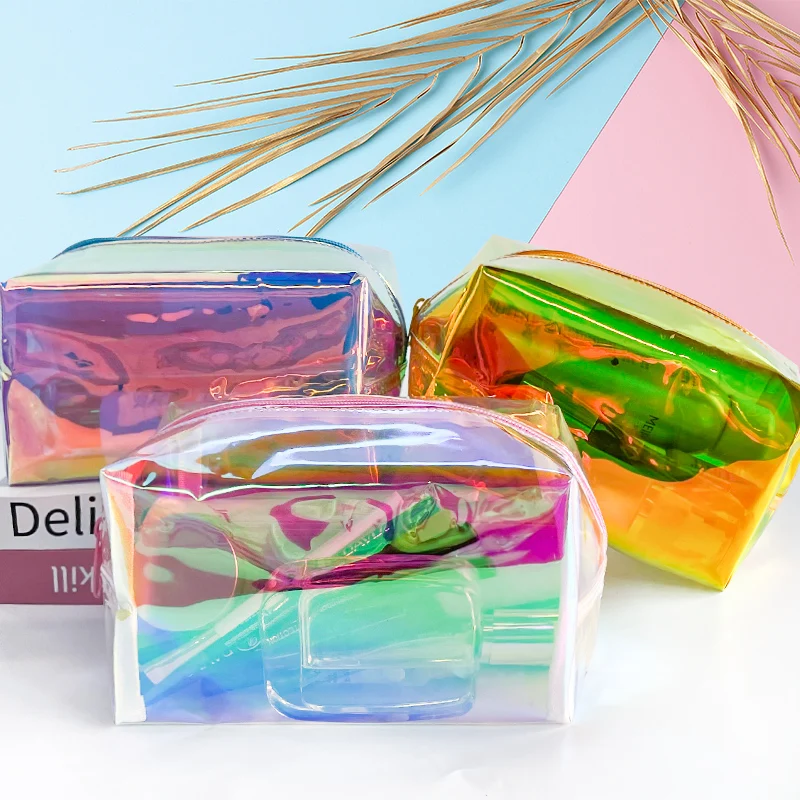 Hot Fashionable Holographic Waterproof Ladies Cosmetic Bag Rainbow Colored Portable Travel Storage Bag