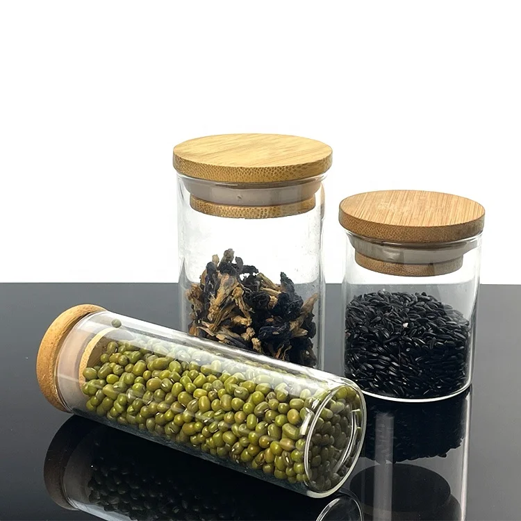 Mini Airtight Cylinder 4oz Containers Small Glass Storage Jar With Wooden Top Lid