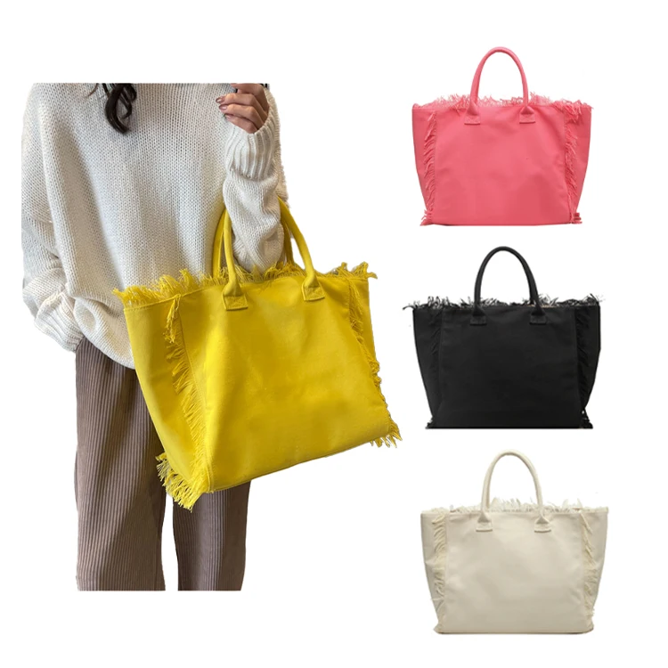 Custom logo Fashionable Cute Bright Large Tassel Canvas Travel Tote Plain Blank Canvas Fringe Tote Bags Beach Bag