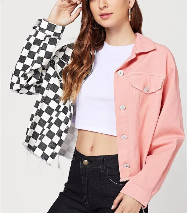 Two Tone Ladies Jackets Chaquetas Mujur High Quality Checker Pink Jean Denim Bomber Jaket Women 2020